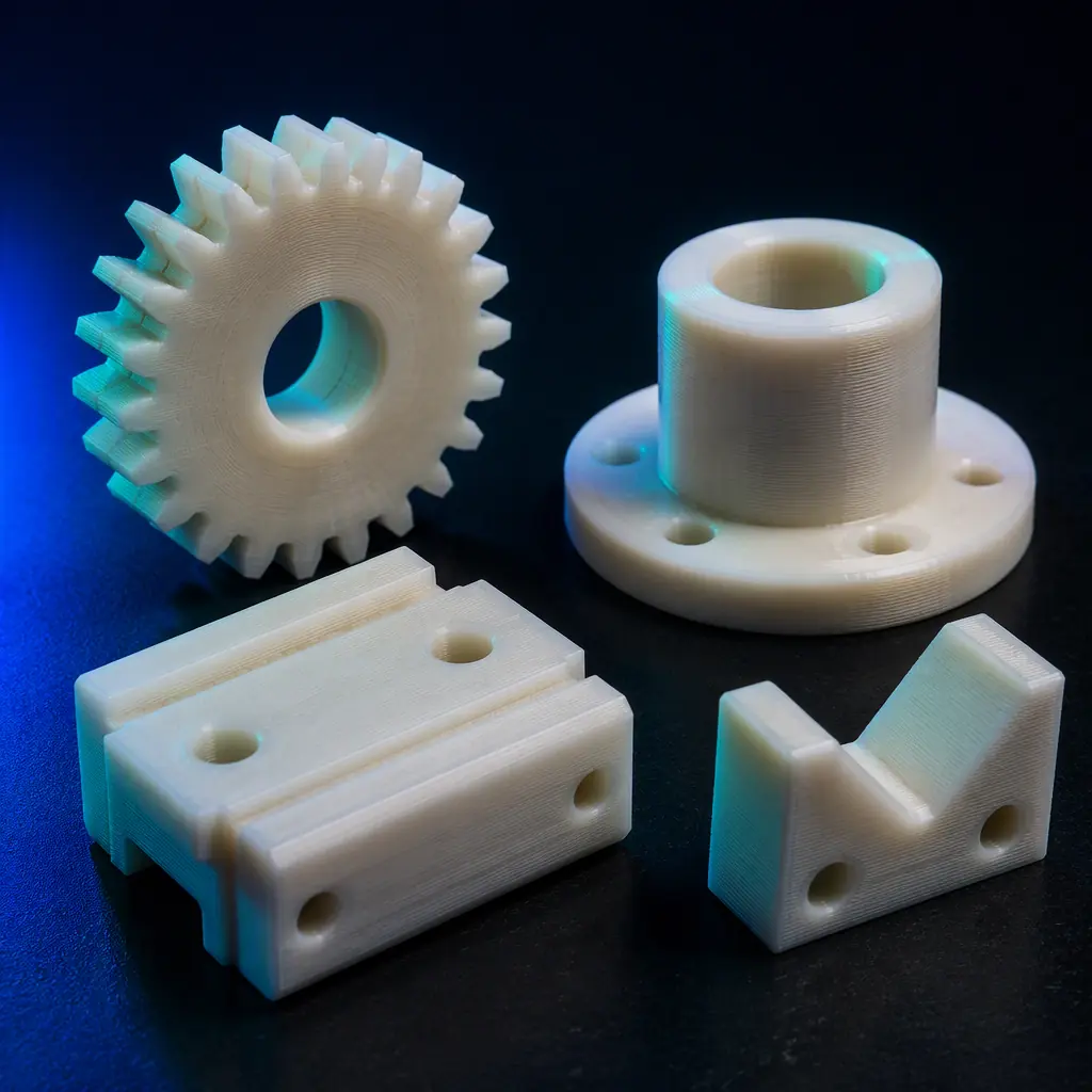 Array of 3D printed POM wear components: gear, flanged bushing, slide block and V-block