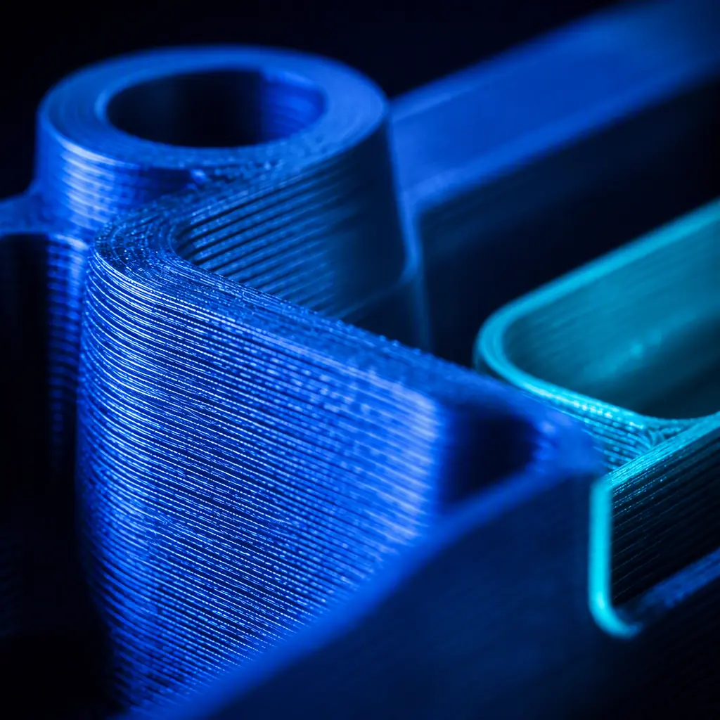 Extreme macro close-up of a printed surface showing fine layer lines under directional metrology lighting, surface texture visible