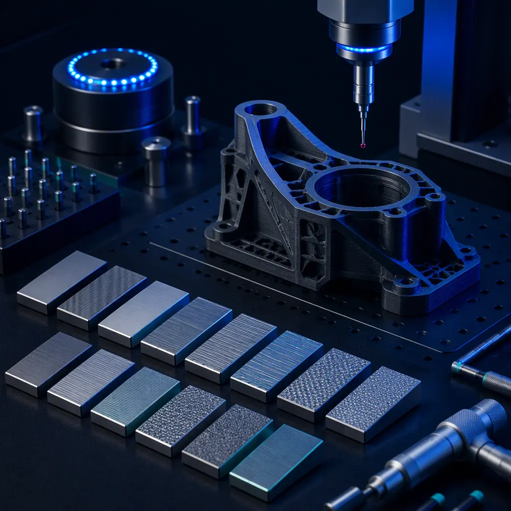 Array of surface roughness comparison specimens with a printed part on a metrology bench, calibration and measurement theme
