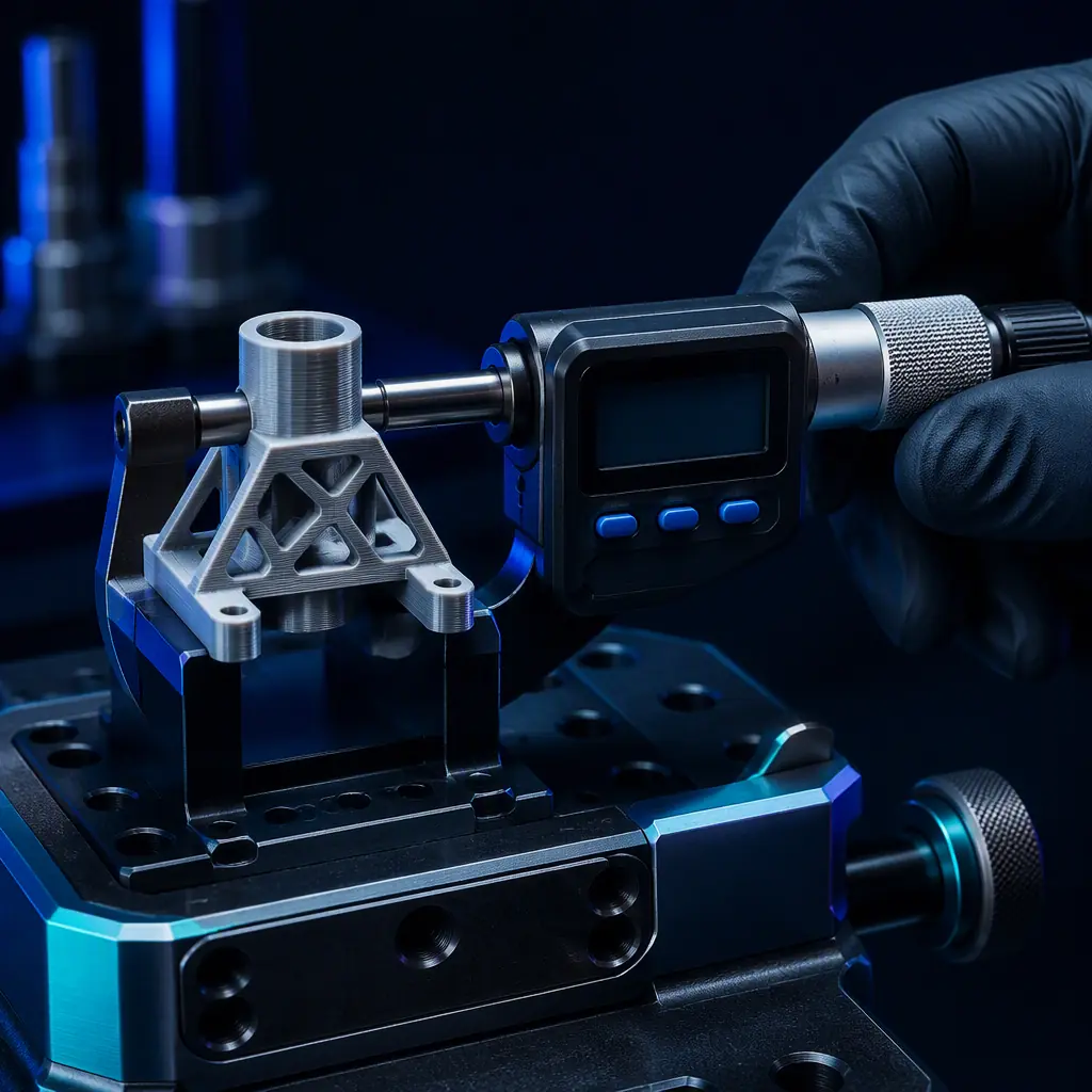 Close-up of a technician measuring a fresh 3D printed part with a digital micrometer in a calibration fixture