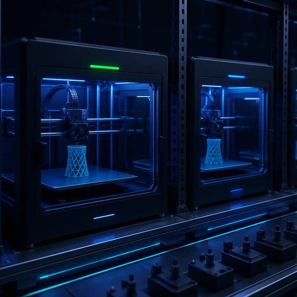 Two enclosed 3D printers running side by side in a controlled aging test row, one with a green status light