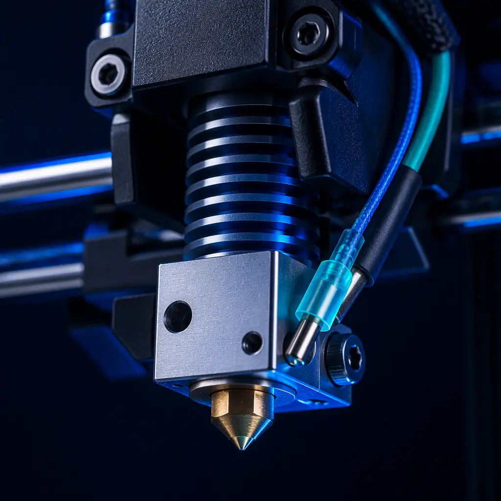Extreme close-up of a 3D printer hotend and nozzle assembly with a metallic heater block and thermistor