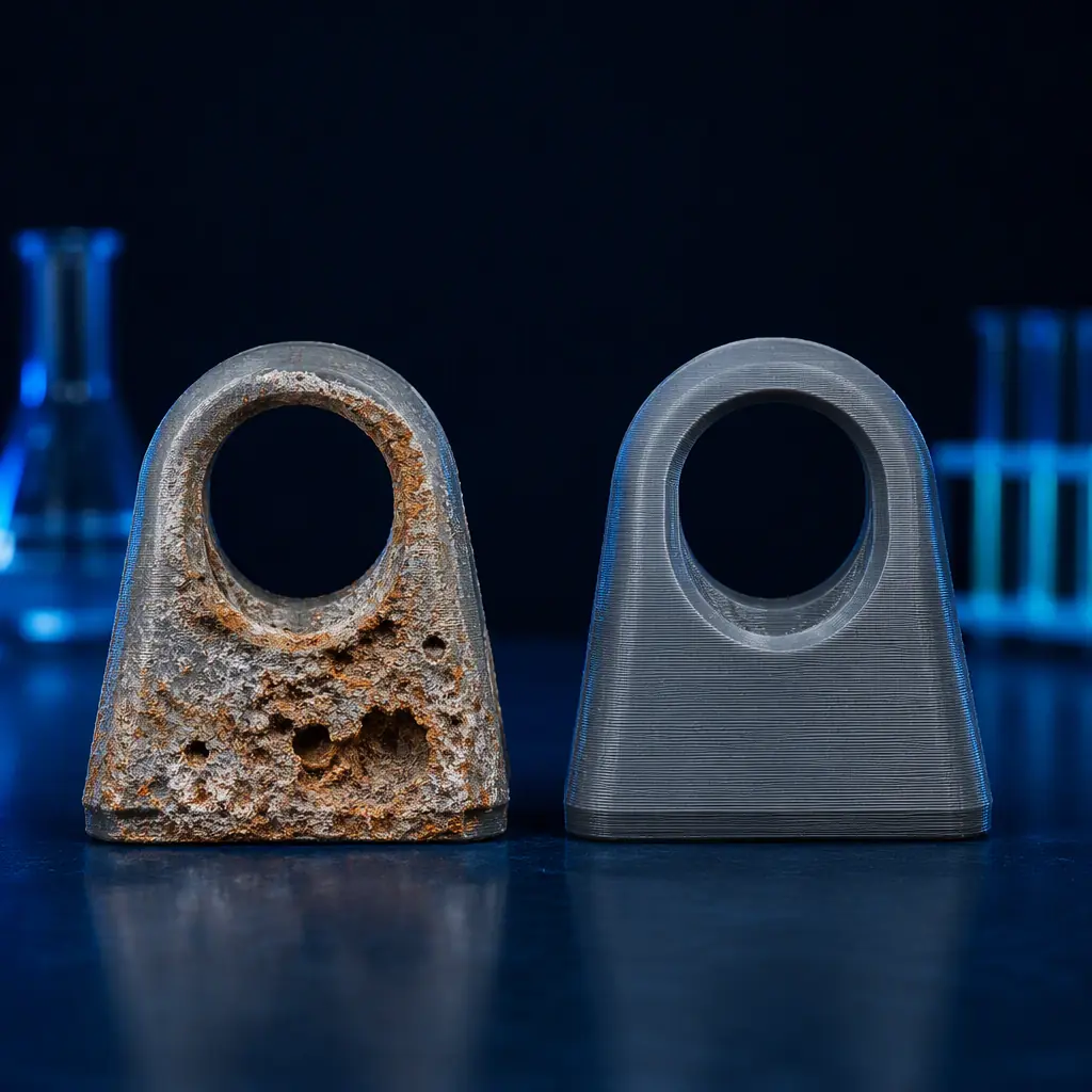 Two printed parts side by side, one corroded and degraded after salt exposure, one protected and intact, on a lab workbench