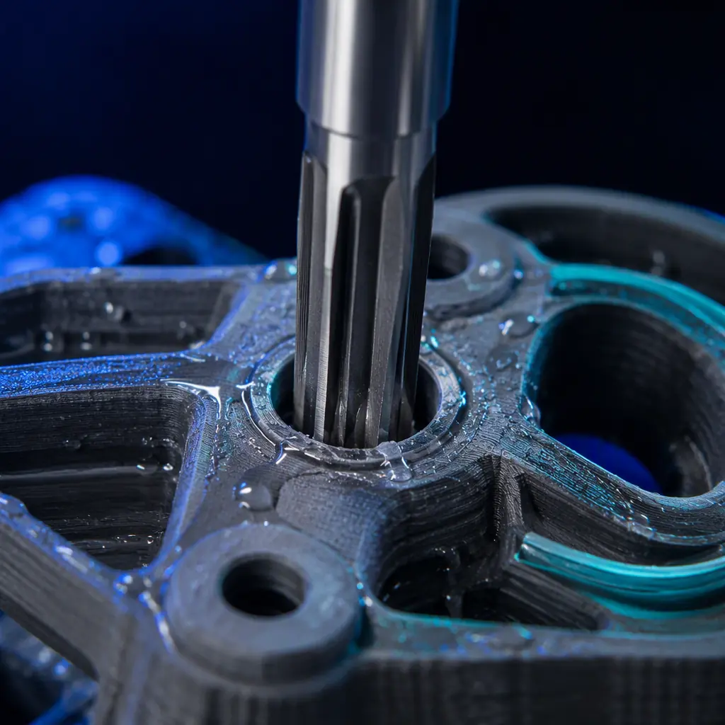 Macro close-up of a printed hole being reamed with a hand reamer to a smooth round bore, cutting fluid visible on a machined part
