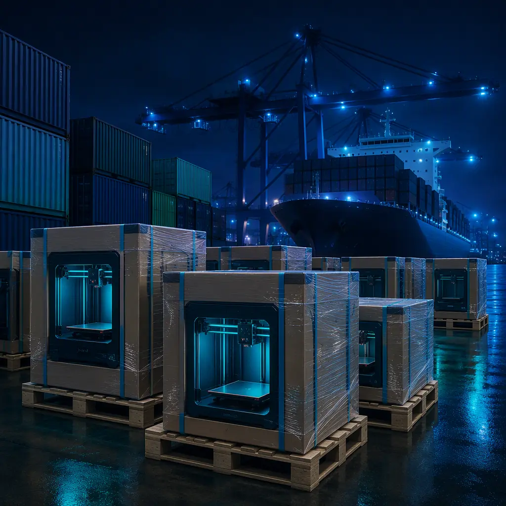 Boxed 3D printers and freight pallets in a container yard, with a cargo ship in the background, cool navy and teal lighting