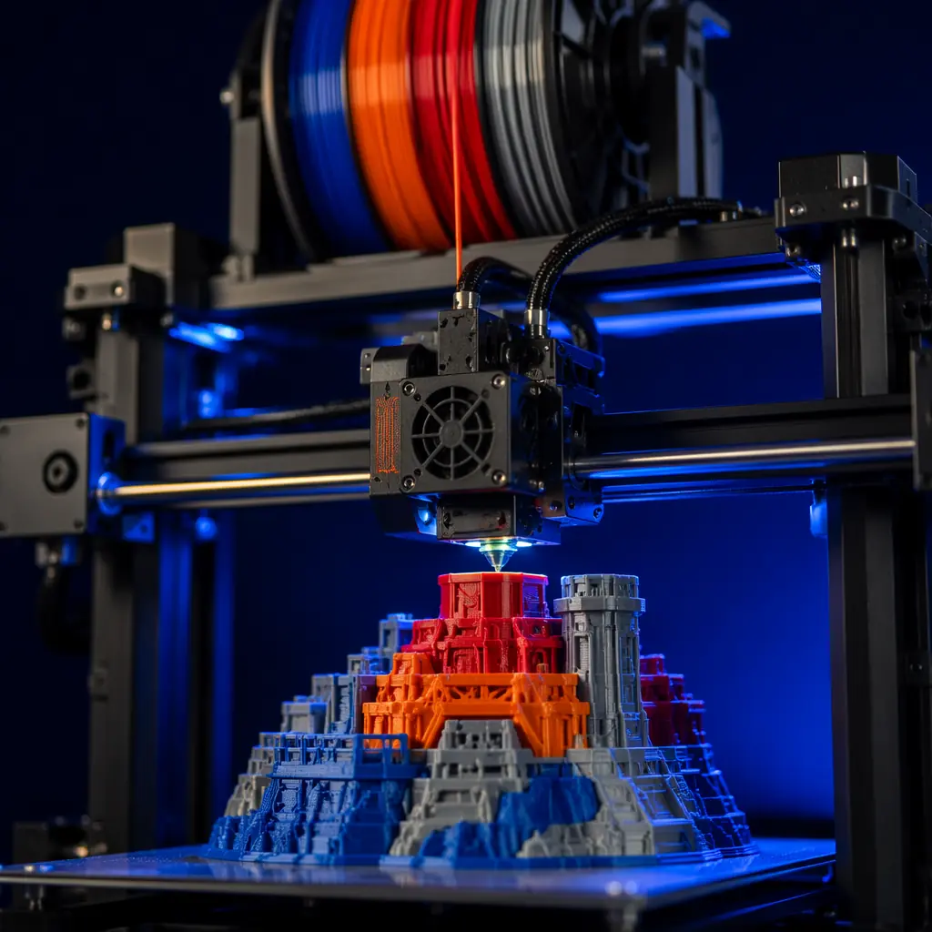 3D printer actively printing with filament spool mounted on top, close-up of extruder and colorful print in progress, dark navy background with electric blue accent lighting
