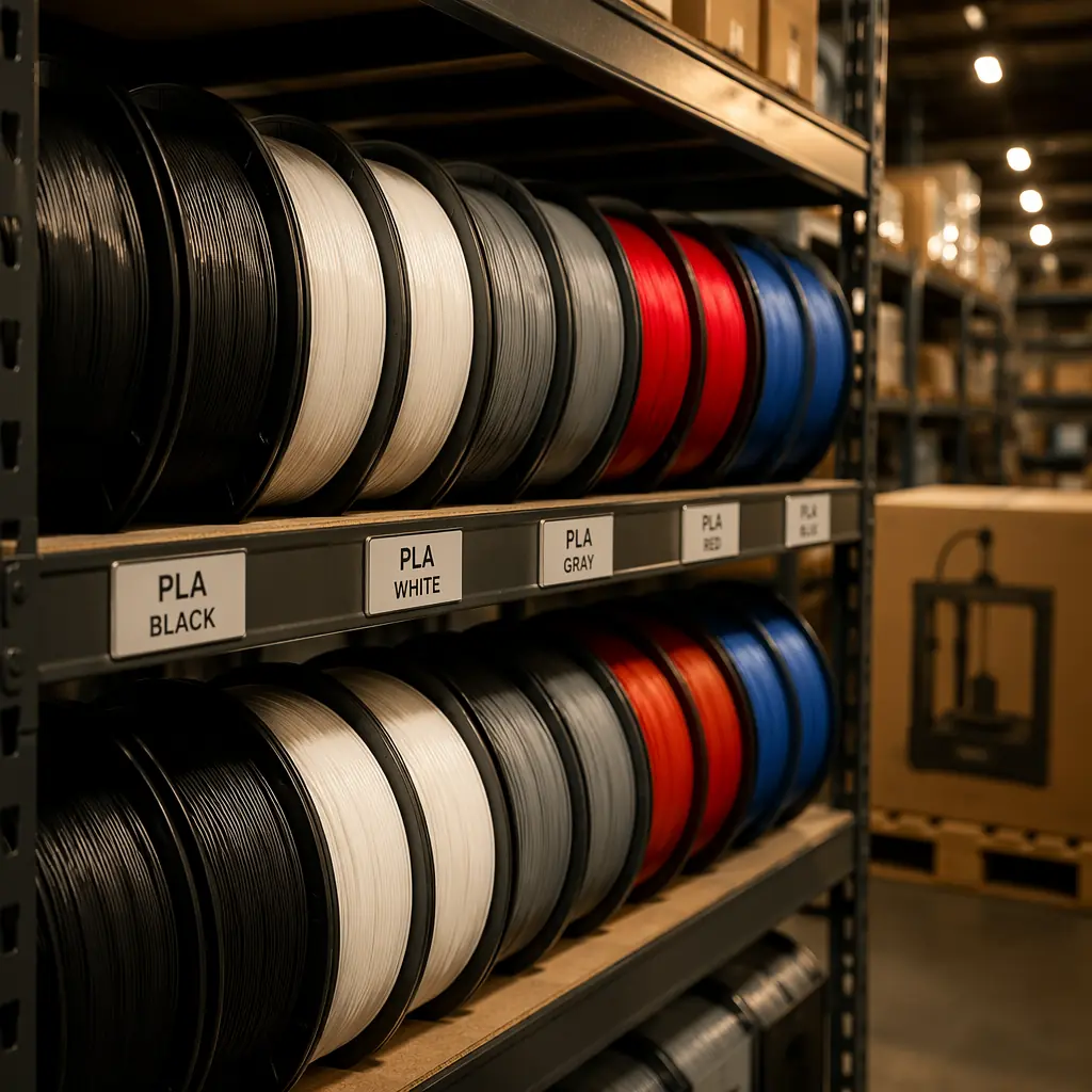 Assortment of 1kg filament spools in PLA, PETG, ABS, and TPU on warehouse shelving, with 3D printer and printed parts nearby, industrial lighting