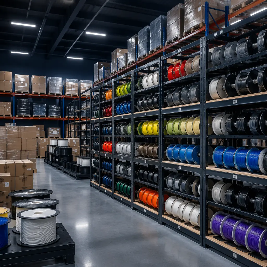 Warehouse shelves stocked with organized filament spools by color and material type, 3D printer boxes on pallets in background, modern logistics setting