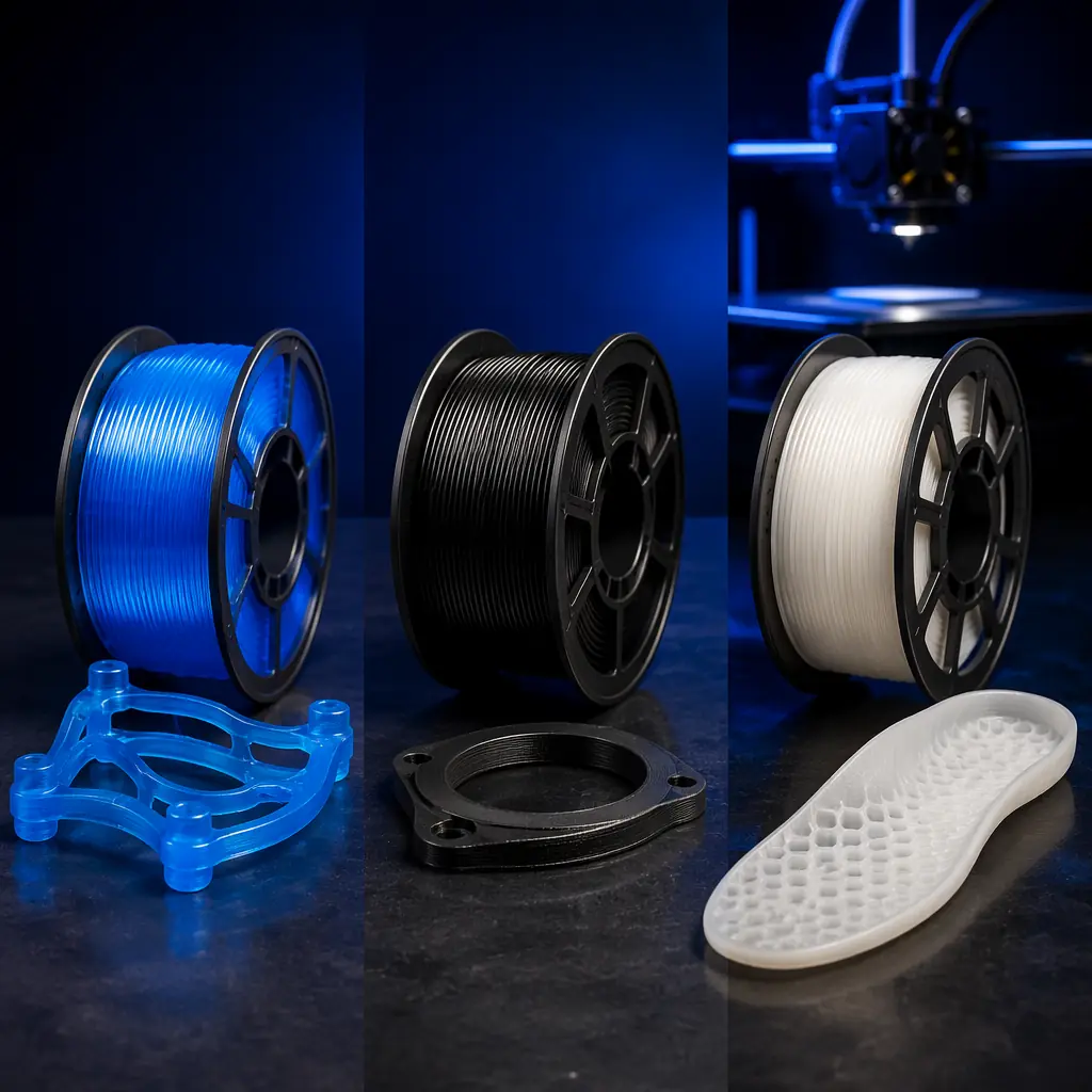 Three spools of flexible filament — translucent blue TPU, black TPE, and natural white TPC — on dark surface next to 3D printer with direct drive extruder, printed flexible parts including phone case and gasket visible, engineering studio lighting
