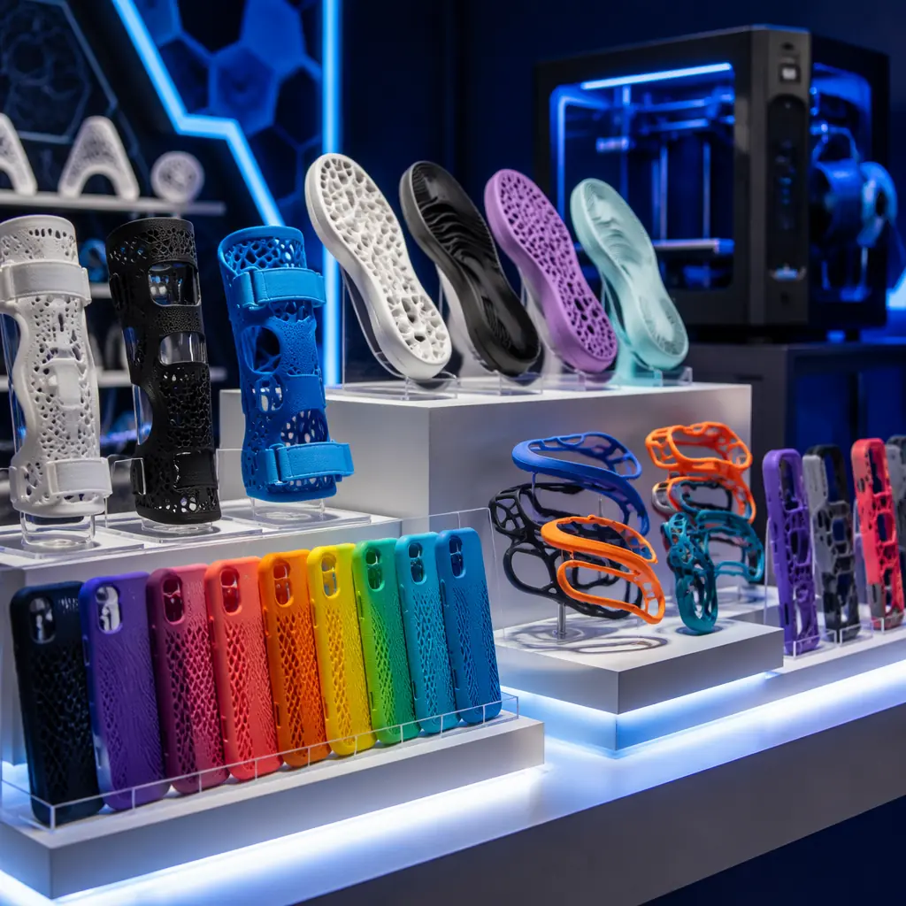 Colorful assortment of flexible 3D printed consumer products on illuminated display — phone cases in gradient colors, shoe midsoles, drone bumpers, and medical braces — modern trade show booth aesthetic with dark navy background and electric blue accent lighting