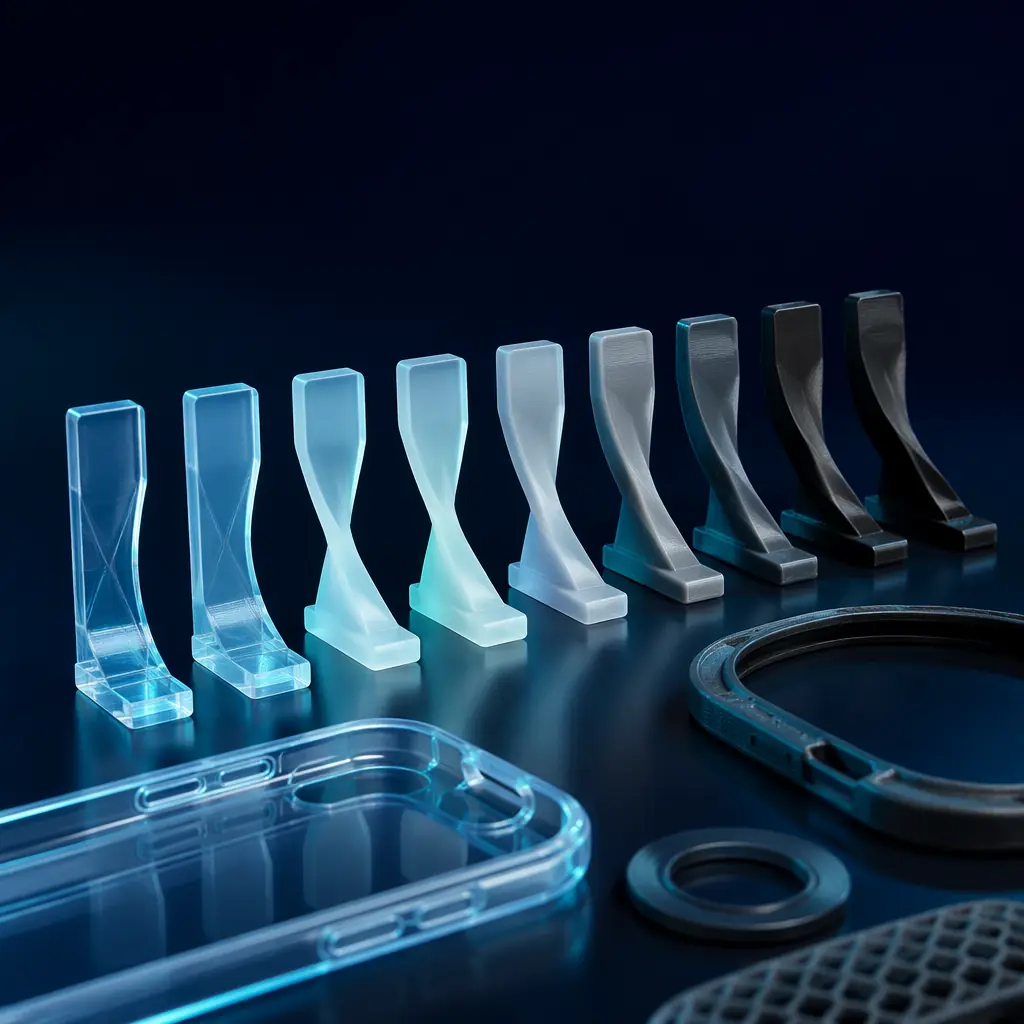 Array of 3D printed flexible test strips in various Shore hardness levels on dark surface, color gradient from soft transparent TPU to rigid dark TPC, each strip labeled with shore value, macro photography with depth of field