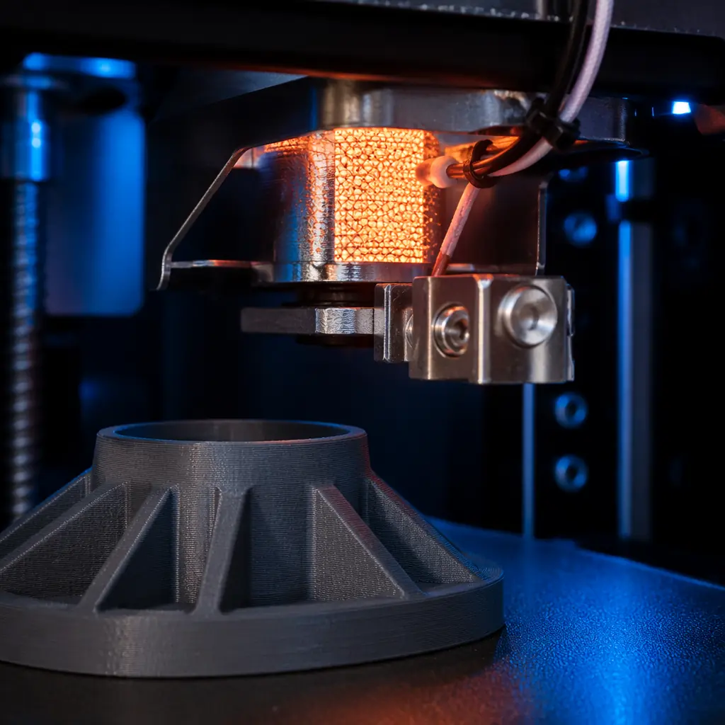 Close-up macro shot of PTC ceramic heater element and thermistor on back wall inside 3D printer chamber, red glow from heating element, precision engineering aesthetic with dark navy background