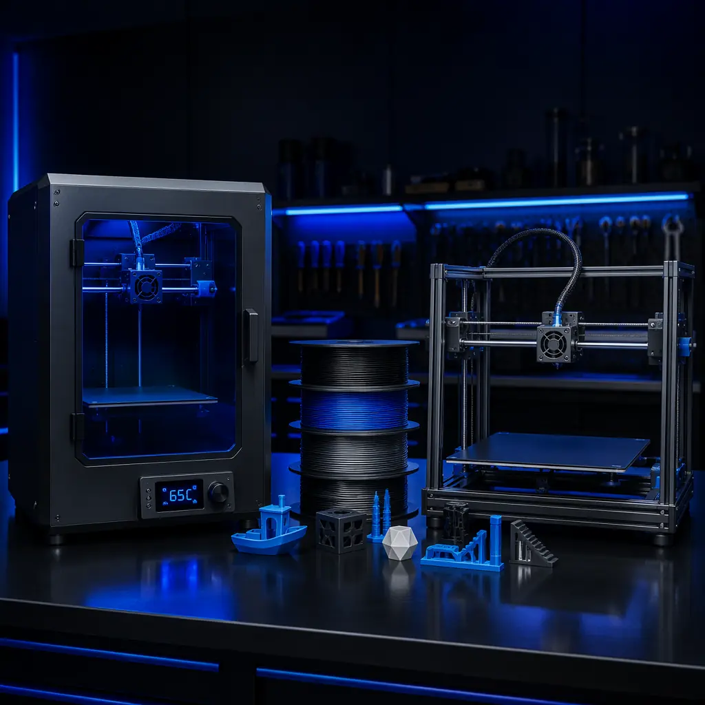 Side-by-side comparison concept: enclosed 3D printer with digital temperature display showing 65°C next to open-frame printer, engineering workspace with filament spools and calibration prints on dark surface, industrial studio lighting