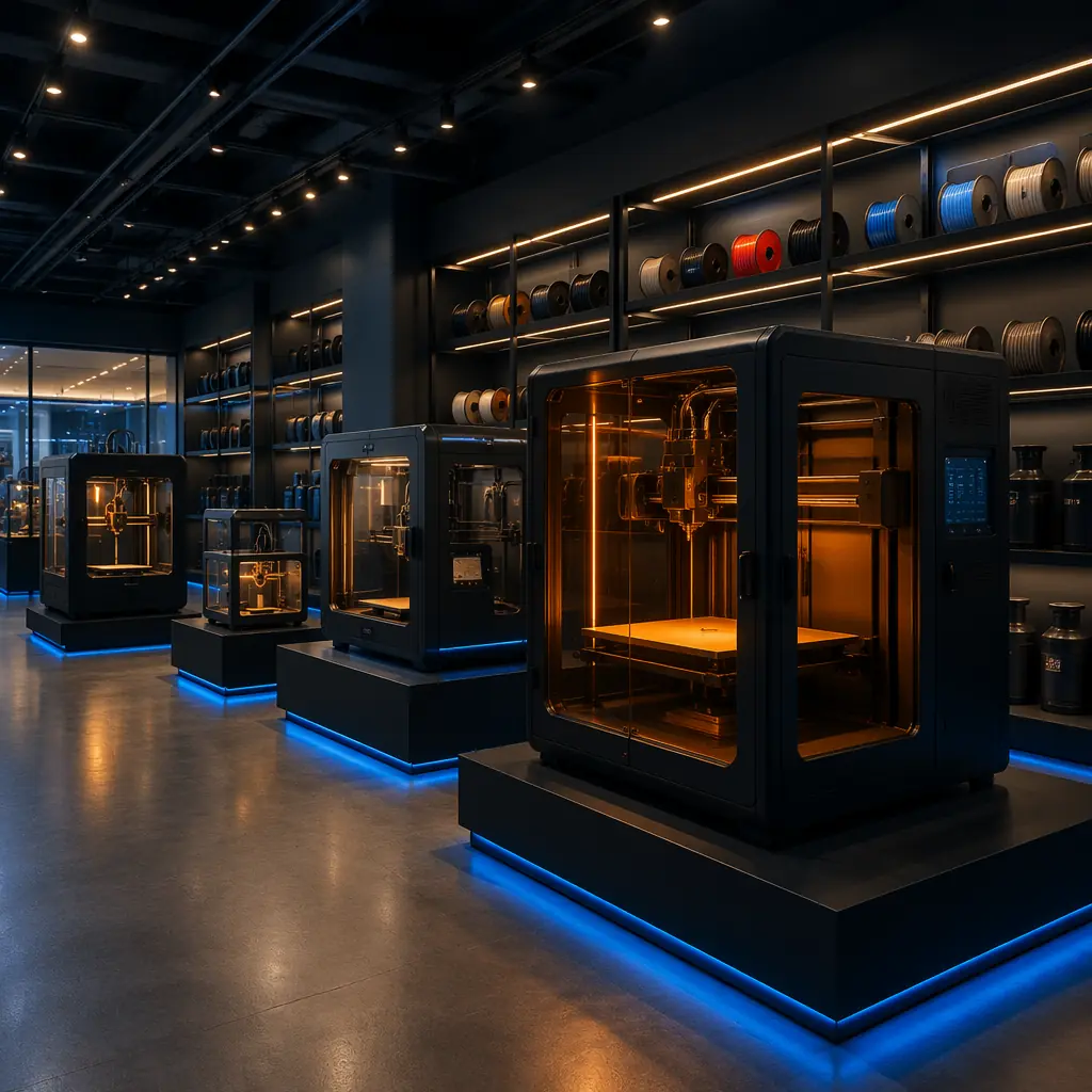 Modern 3D printer showroom with enclosed printers of varying sizes on illuminated display, engineering filament spools on shelving, dark navy industrial aesthetic with electric blue accent lighting
