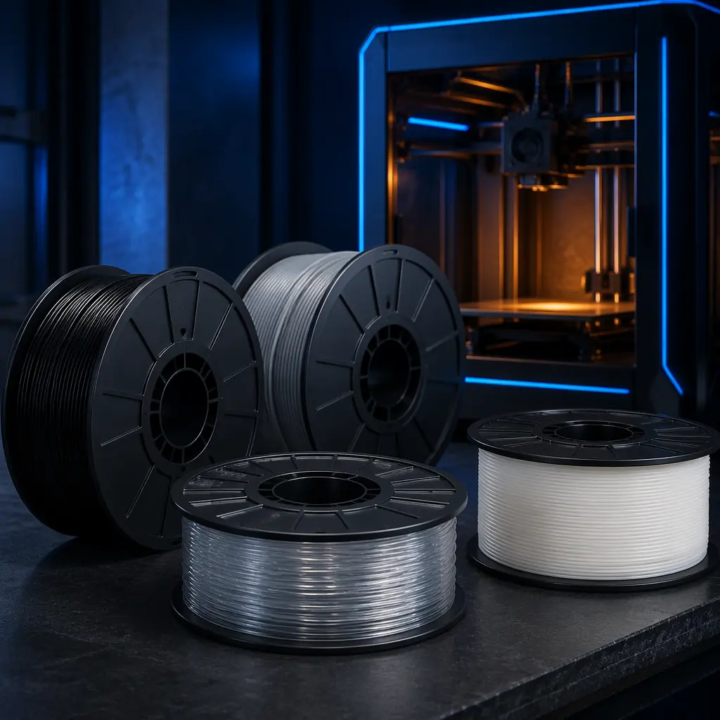 Engineering-grade filament spools including ABS, ASA, and PC arranged on dark surface in front of enclosed 3D printer with glowing LED-lit chamber interior, industrial workshop setting
