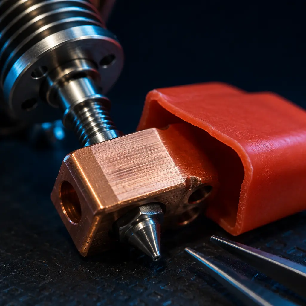 Macro close-up of all-metal hotend with copper heater block, titanium heat break, and hardened steel nozzle, showing precision-machined surfaces under industrial lighting on dark workbench