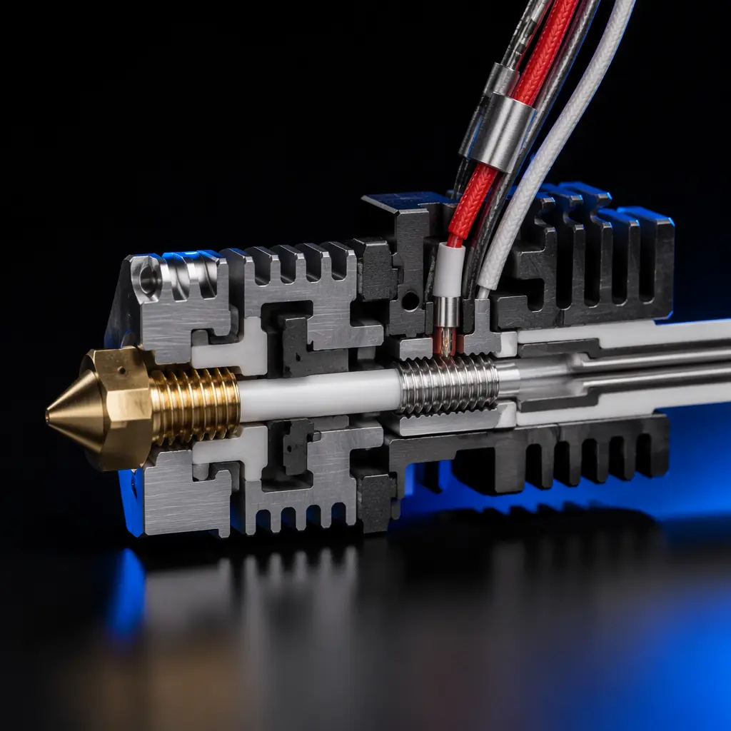 Photorealistic 3D cross-section render of 3D printer hotend showing PTFE liner vs all-metal heat break, heater block, and nozzle assembly, with distinct material layers visible under studio lighting