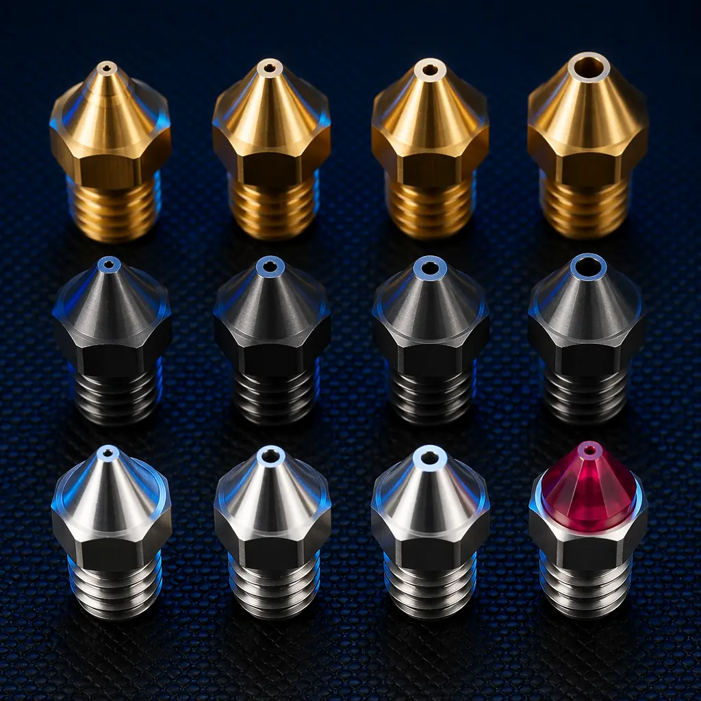 Array of 3D printer nozzles in brass, hardened steel, nickel-plated copper, and ruby-tipped varieties arranged on anti-static mat, showing different orifice sizes with macro detail visible