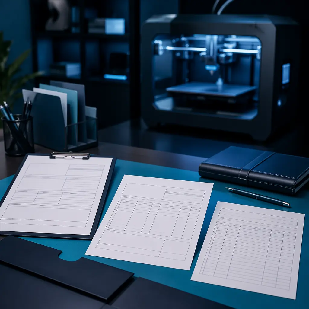Trade finance documents including Bill of Lading, commercial invoice, and packing list spread across a desk with a 3D printer in background, professional office lighting