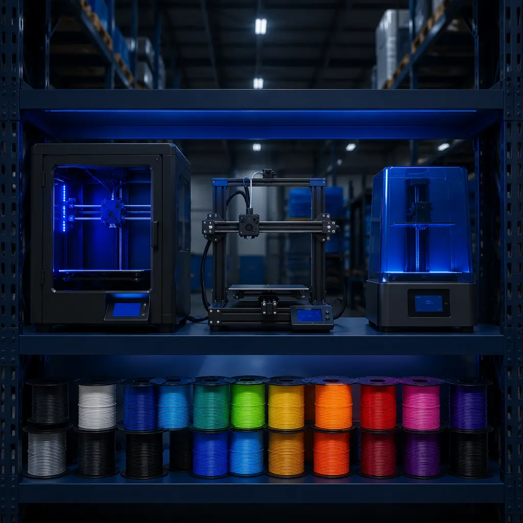 Multiple 3D printer models displayed on warehouse shelving alongside filament spools, showing product diversity for multi-model bundling strategy, industrial warehouse lighting