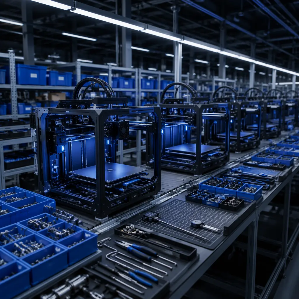 3D printer assembly line in Shenzhen factory with partially assembled CoreXY printers on workstations, components organized in bins, industrial LED lighting