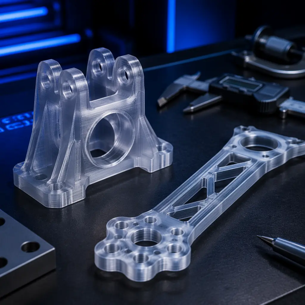 Clear PETG 3D printed mechanical bracket and drone arm on workbench, showing layer adhesion and transparency, engineering lab setting with measurement tools