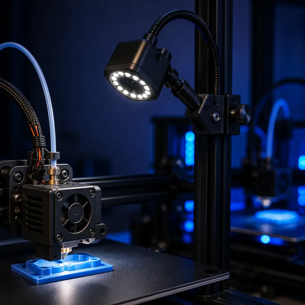 Close-up macro shot of USB endoscope camera mounted on adjustable gooseneck arm attached to 3D printer frame, lens focused on print nozzle during active print, LED ring illuminated, dark workshop background with second printer visible out of focus, industrial precision aesthetic