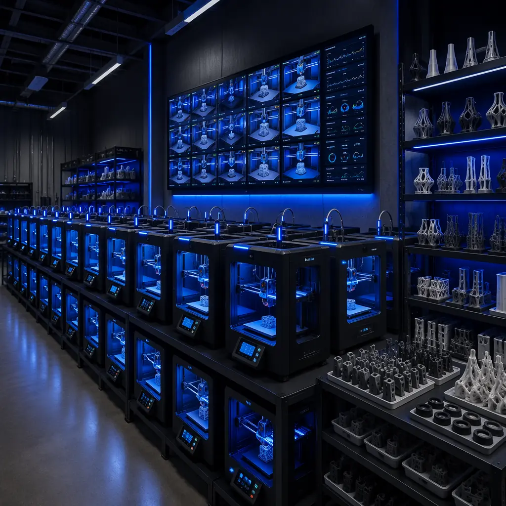 Wall-mounted large monitor displaying multi-printer dashboard with live camera feeds from 8 3D printers arranged in grid view, print farm environment with rows of identical enclosed printers visible in reflection, blue LED status indicators on each machine, industrial dark setting
