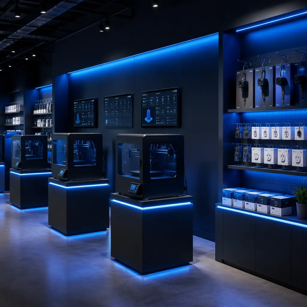Professional 3D printer showroom display with enclosed printers on illuminated pedestals, monitoring tablets mounted on wall showing live printer feeds, branded accessory display with camera kits and smart plugs in retail packaging, dark navy industrial aesthetic with electric blue accent lighting