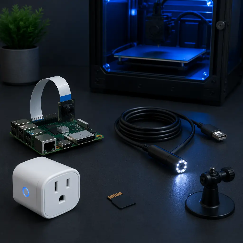 Flat lay of remote monitoring hardware components on dark surface: Raspberry Pi single-board computer with camera module attached, USB endoscope camera, WiFi smart plug with blue LED, and ESP32 module, all arranged around an active 3D printer with blue LED-lit build chamber in background, precision engineering aesthetic