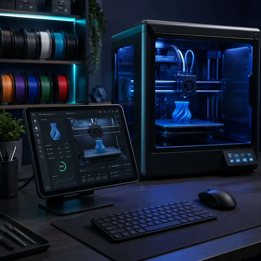 Tablet displaying OctoPrint web interface with live camera feed and temperature graphs visible on screen, positioned next to active 3D printer with blue LED-lit build chamber, modern desktop workspace with filament spools on shelf, dark navy environment with electric blue accent glow