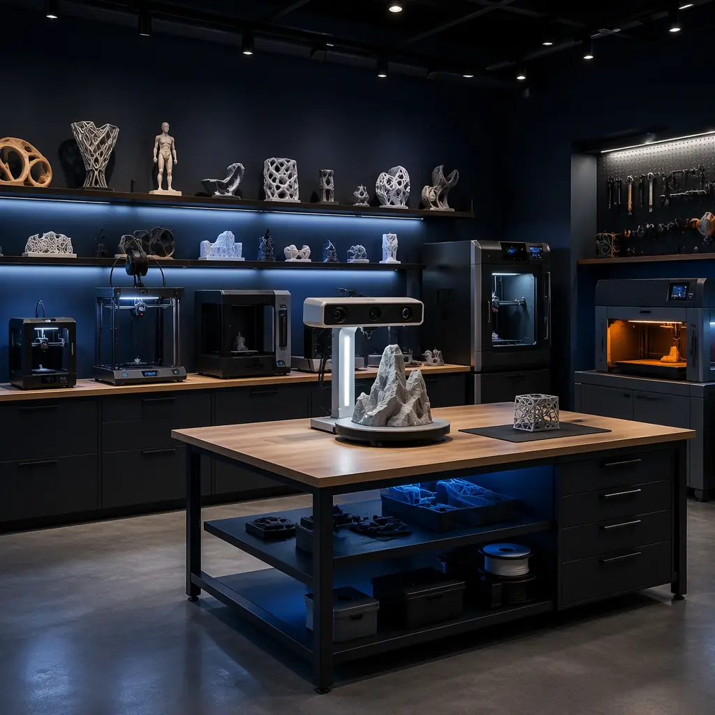 Modern digital fabrication studio setup: structured light 3D scanner on workbench alongside FDM and resin 3D printers, with calibration targets and sample scanned objects