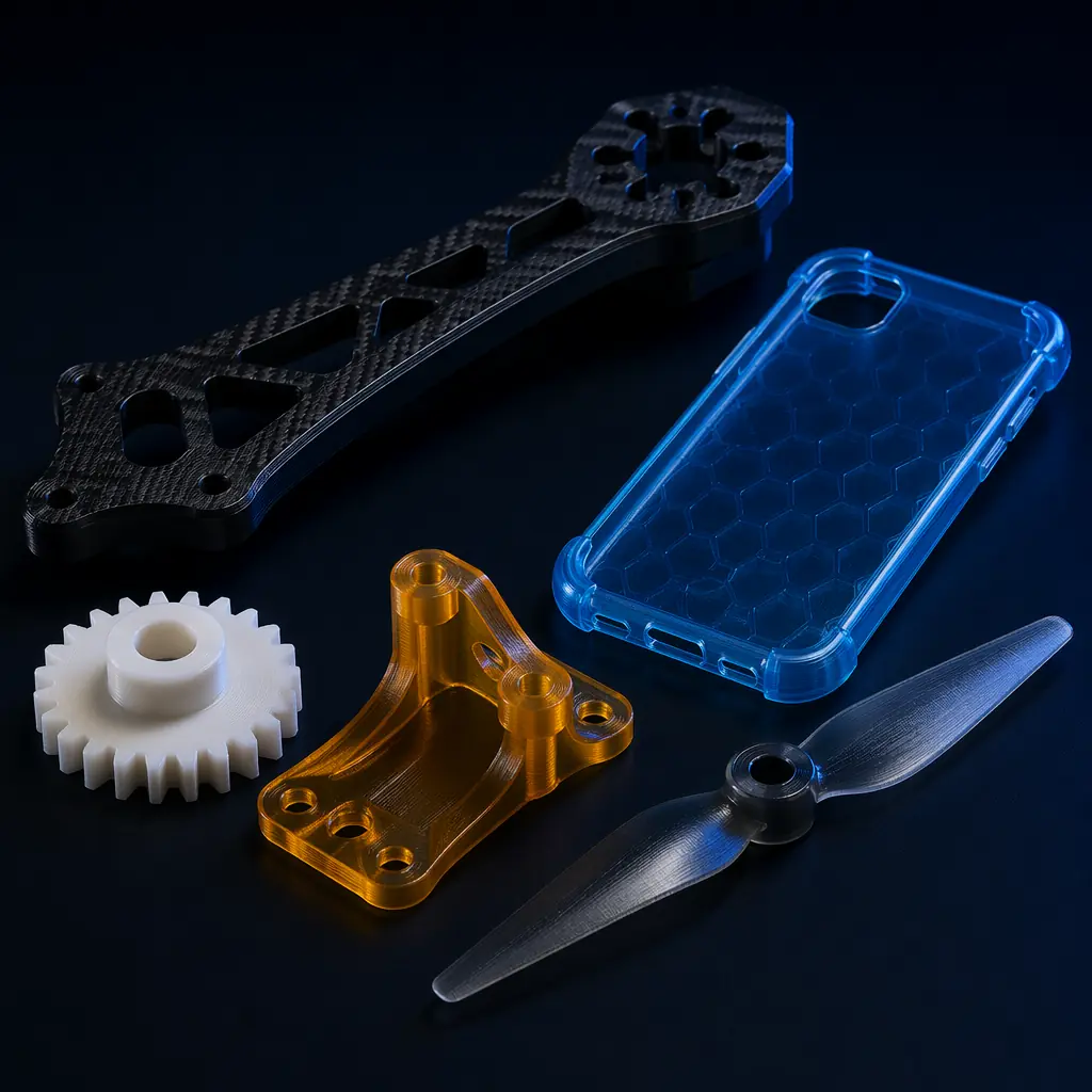 Collection of functional 3D printed engineering parts: gears, drone frame, flexible gasket, heat-resistant bracket
