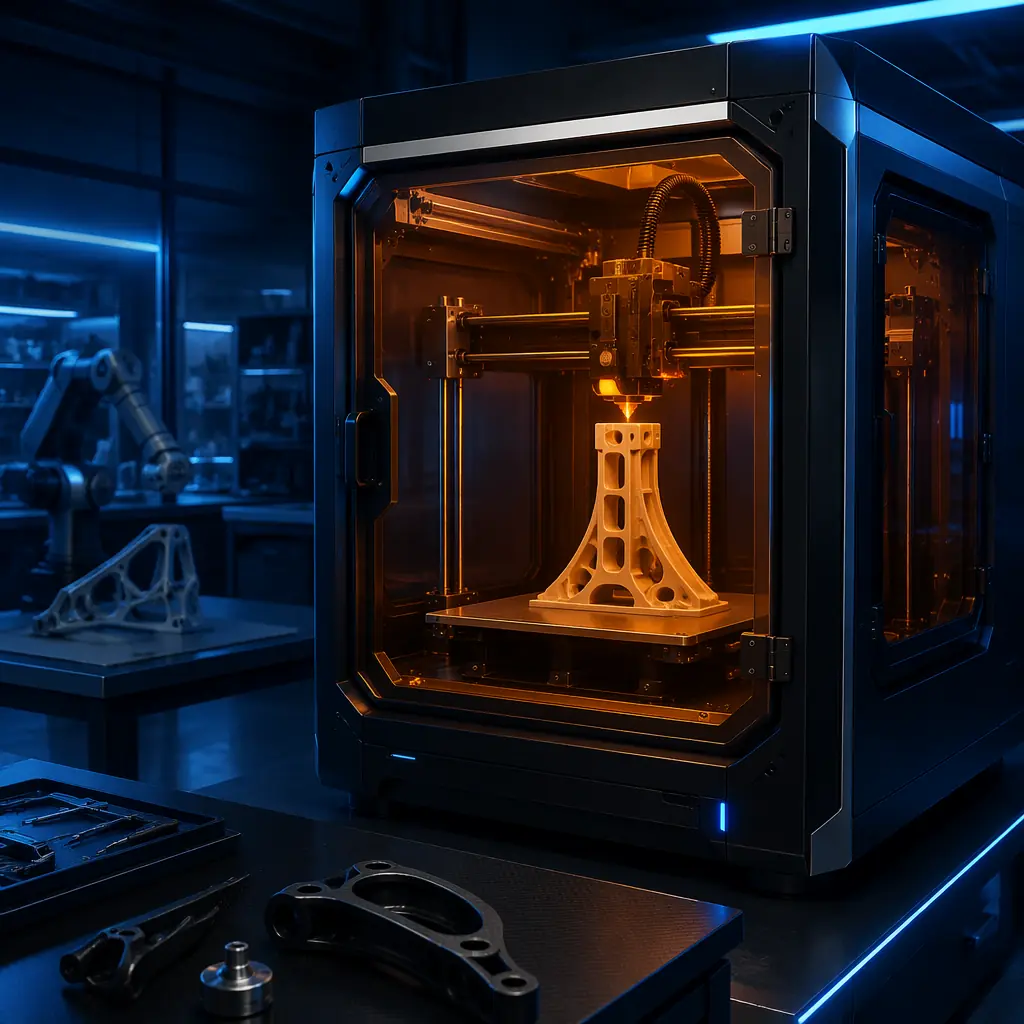 Industrial 3D printer with heated chamber printing a PEEK aerospace component, orange chamber glow visible, precision engineering environment, professional laboratory setting