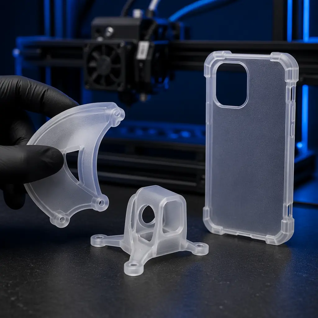 Flexible TPU 3D printed drone camera mount and phone case on dark workbench surface, showing bendable properties, with 3D printer extruder visible in background
