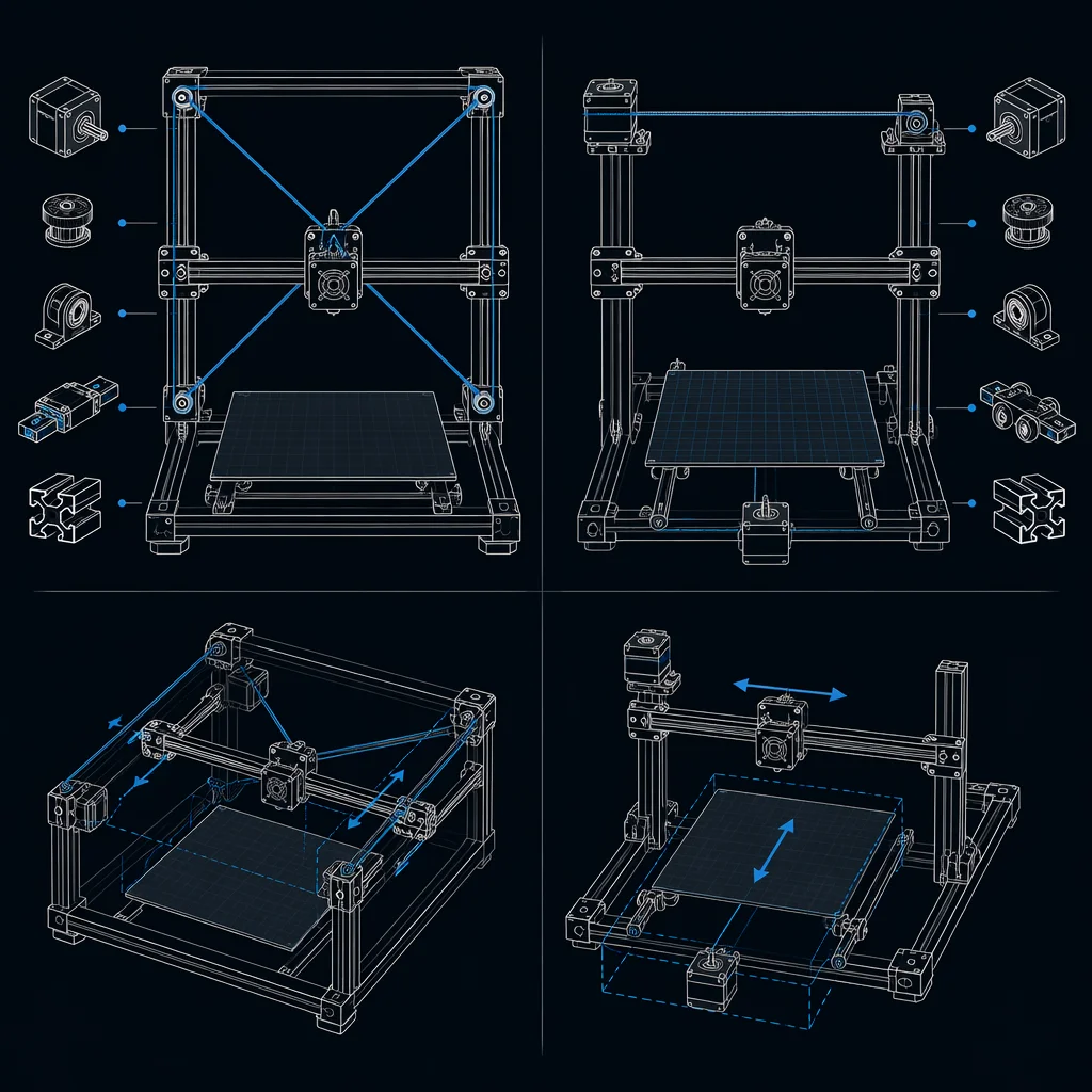 CoreXY vs bedslinger kinematics comparison diagram