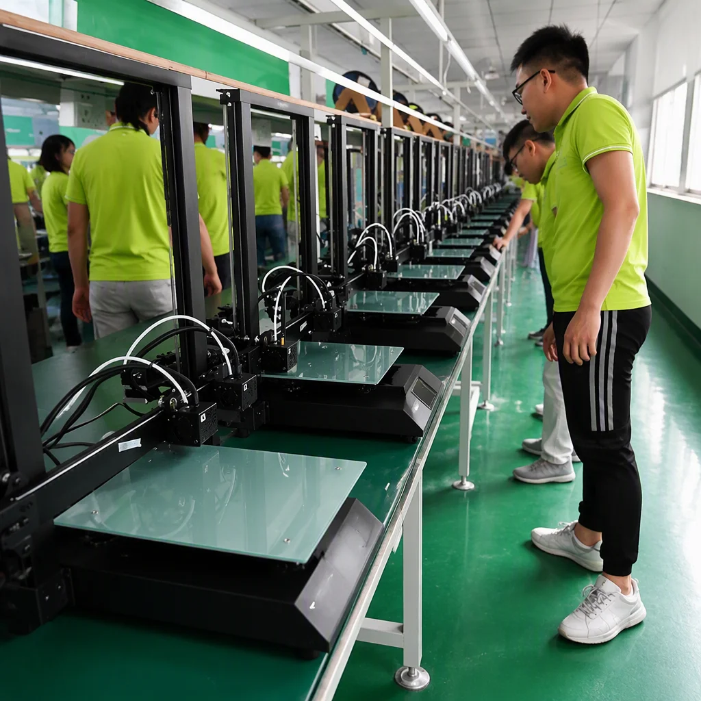 3D printer assembly and testing line in the Shenzhen workshop