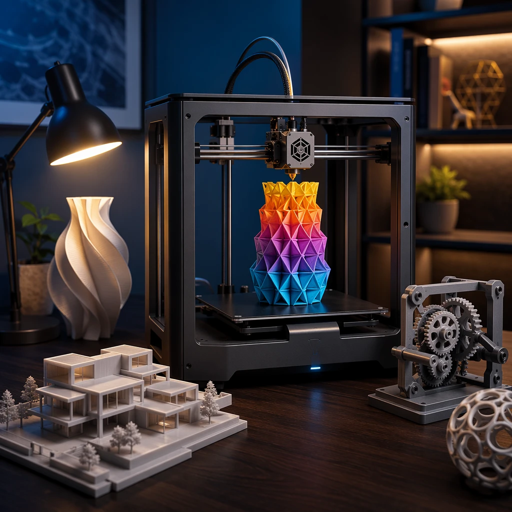 Enclosed 3D printer printing a multi-color part, dark studio scene