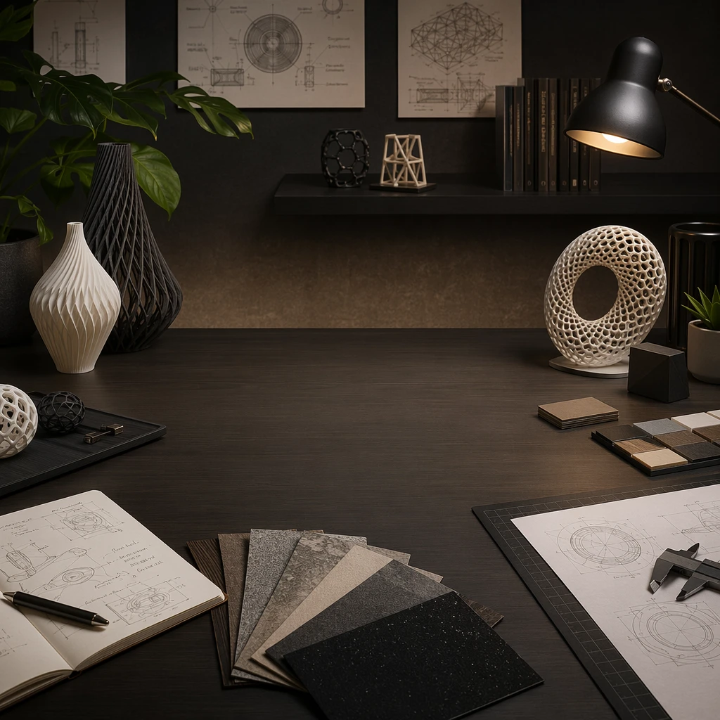 Workspace with printed samples and partner reference materials