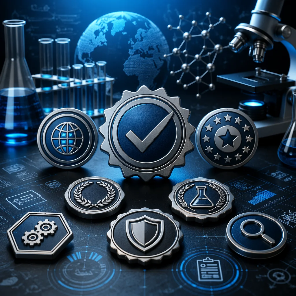Certification emblem composition — laurel wreath, star and globe badge motifs