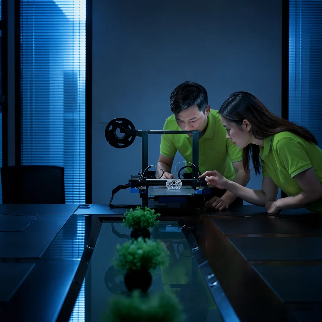 Team inspecting a printed part at the demo bench