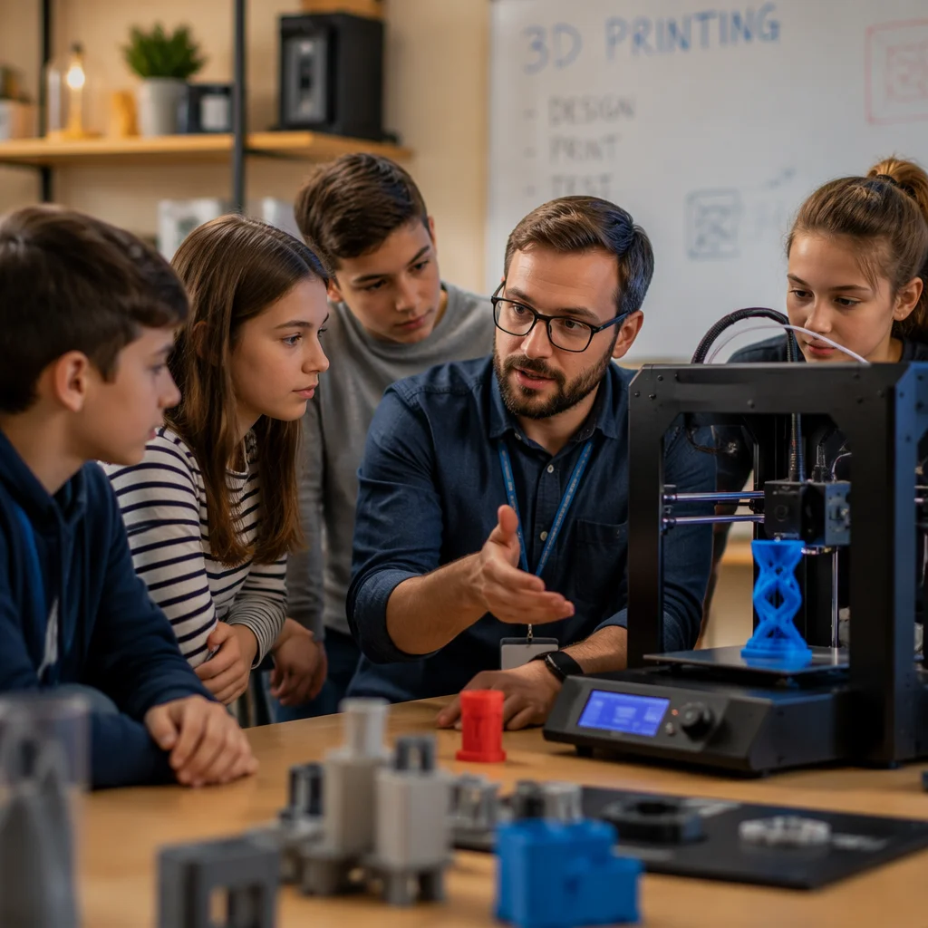 Students reviewing printed parts in a workshop session