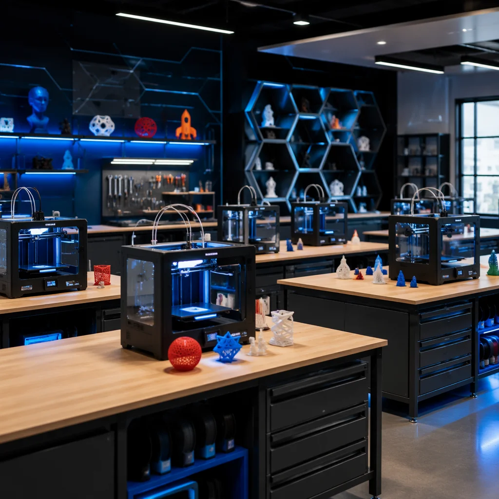 Printer demo room with machines at study workstations