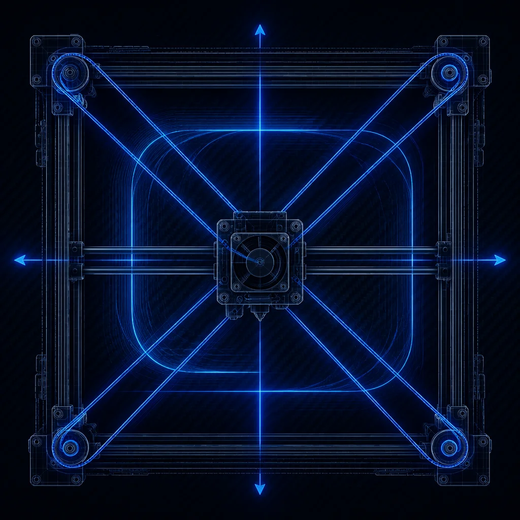 CoreXY crossed-belt drive diagram — the motion system firmware tunes